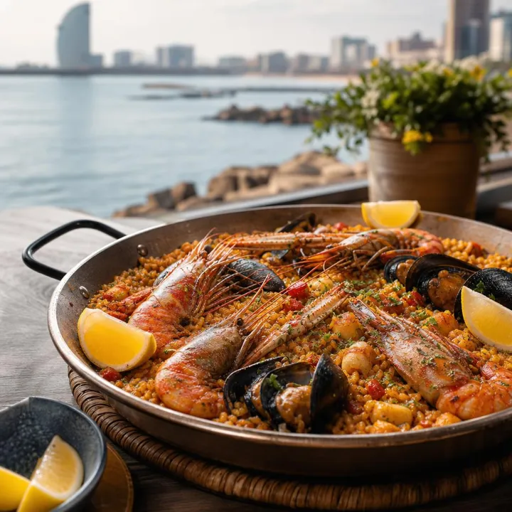 A seafood paella on a restaurant table