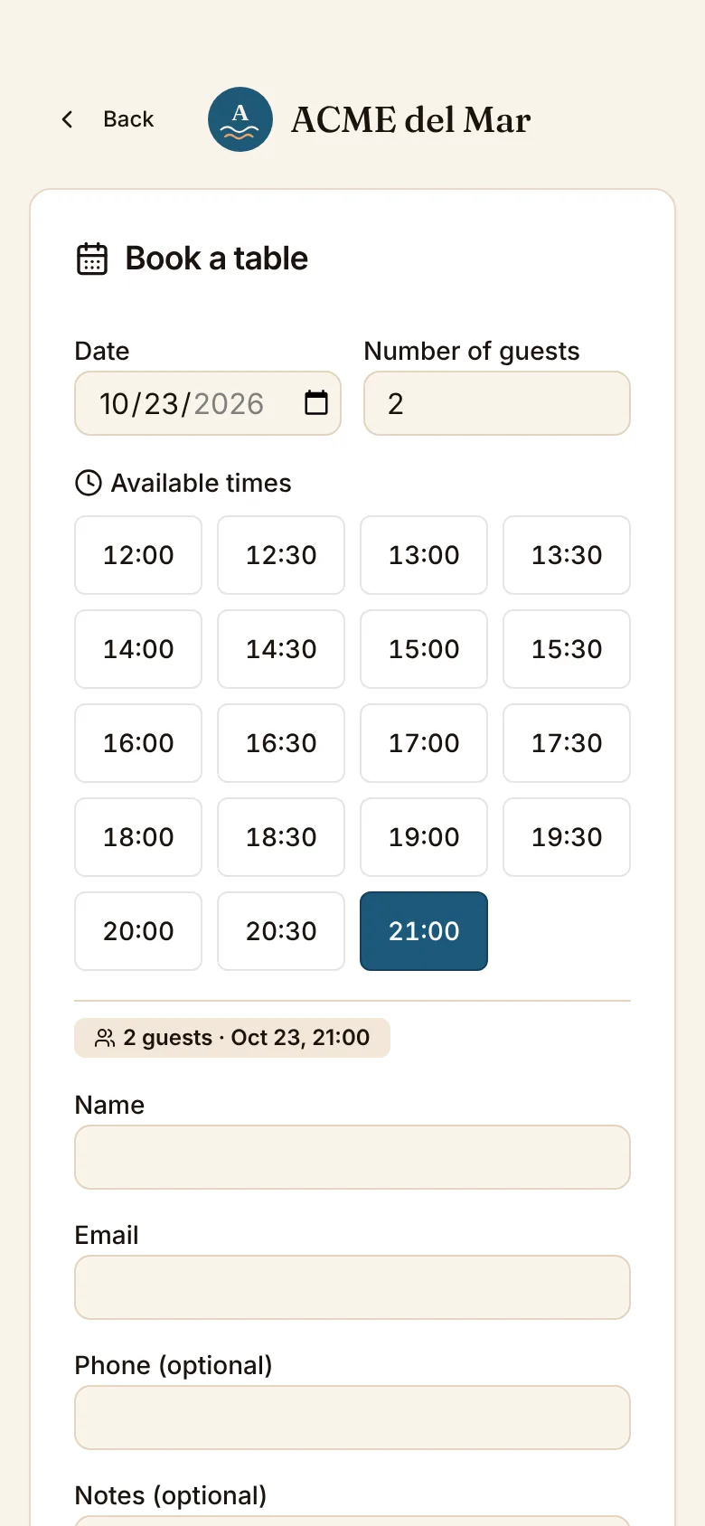 The demo restaurant's booking page on a phone, in its menu's look