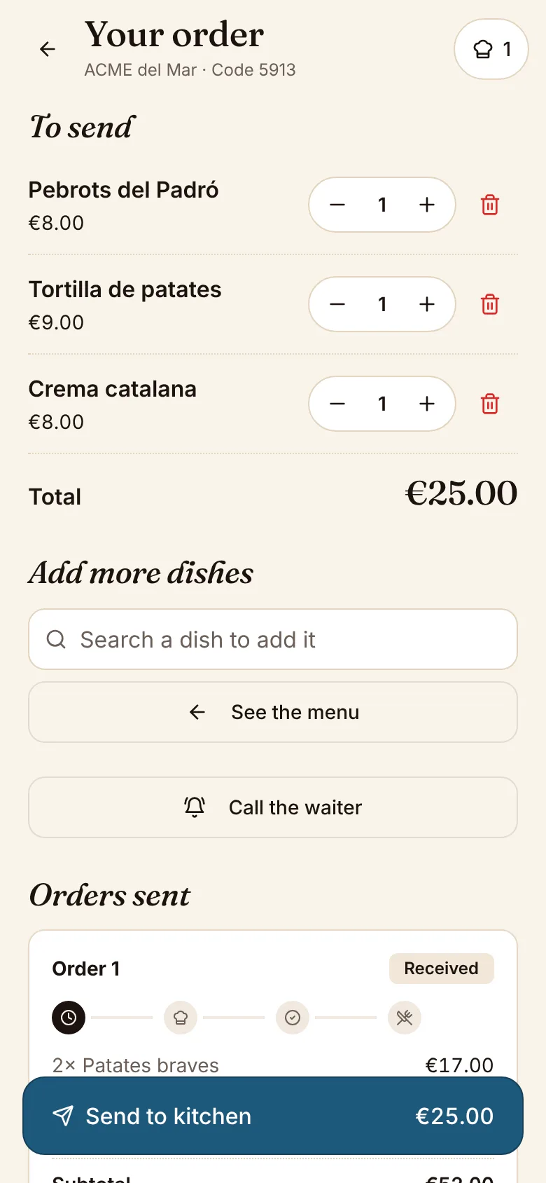 Shared table basket on a guest's phone