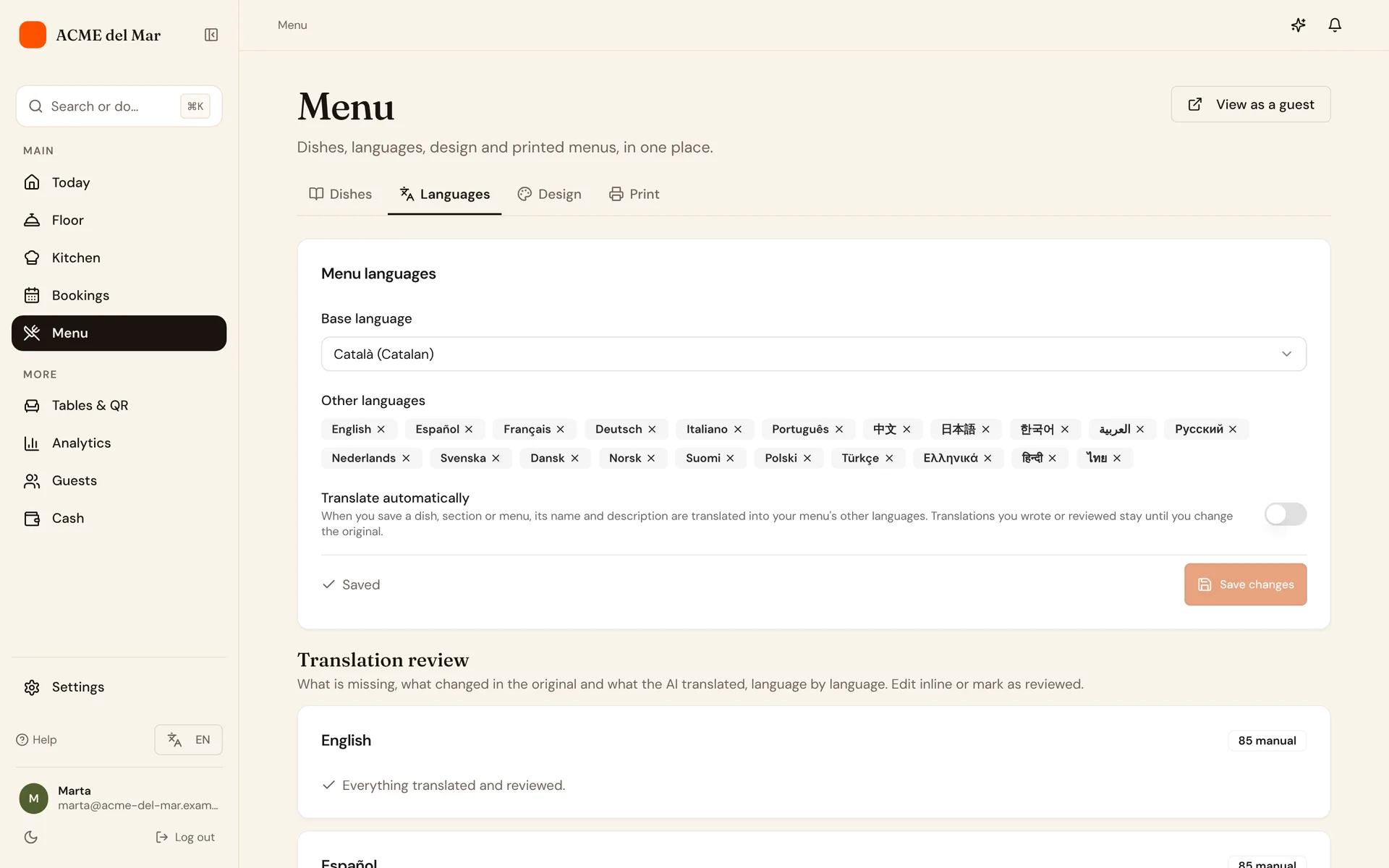 Language settings with the menu's base language and 21 secondary languages