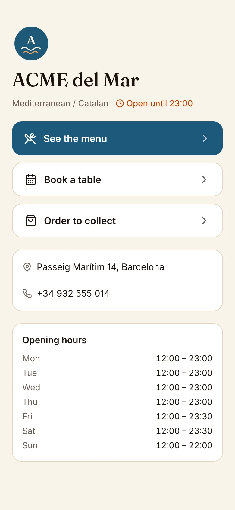 The demo restaurant's link page