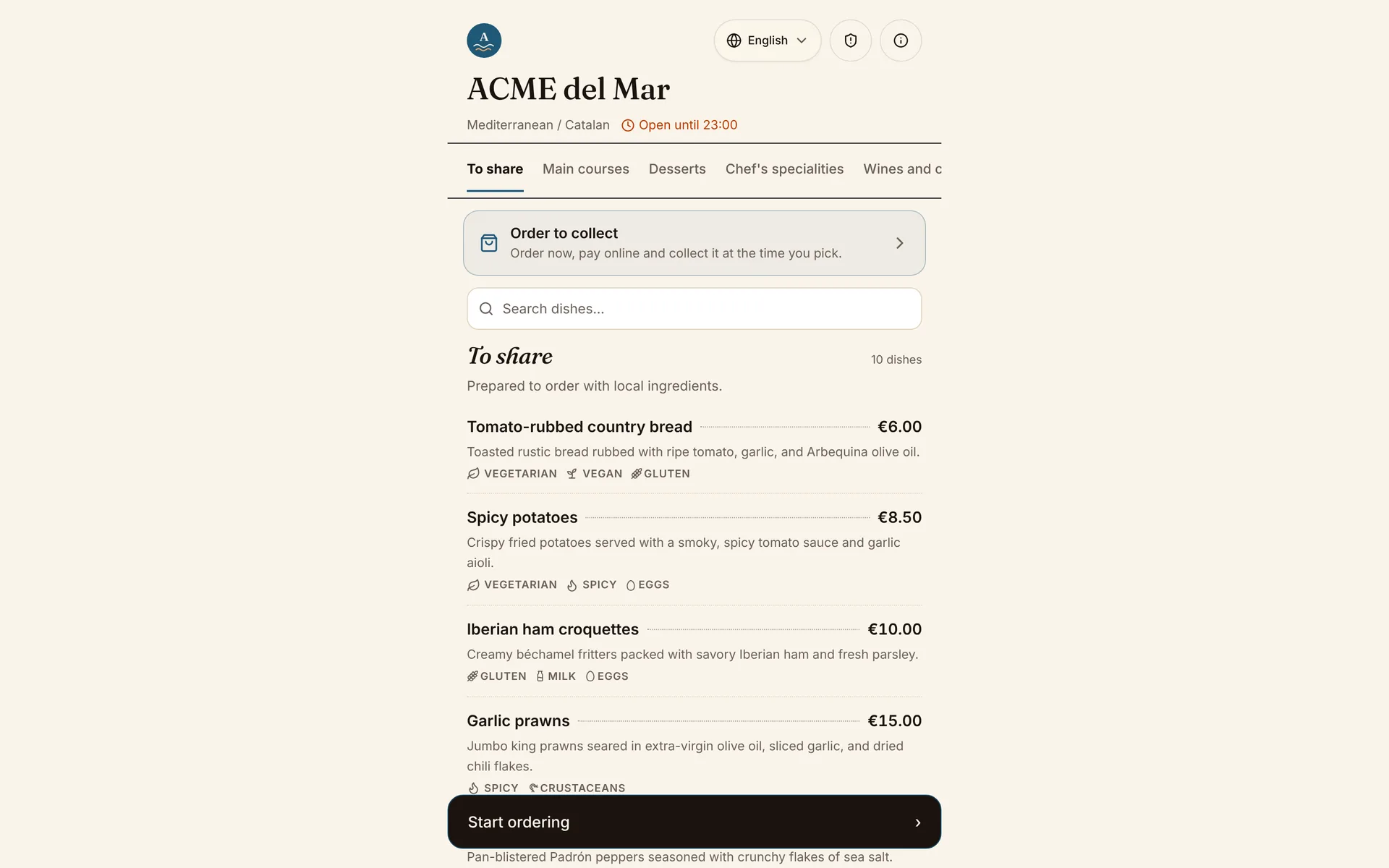 The same menu as a digital ComidaQR menu with photos and allergens