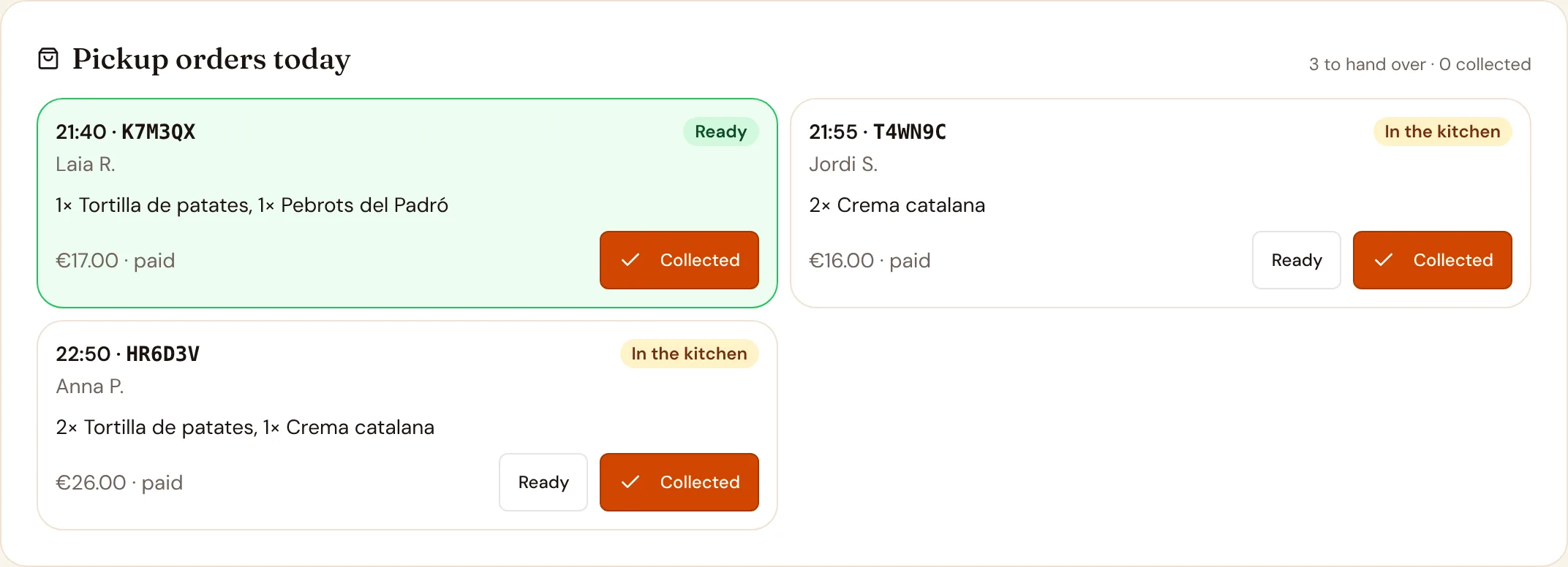 Today's pickup orders on the demo restaurant's counter
